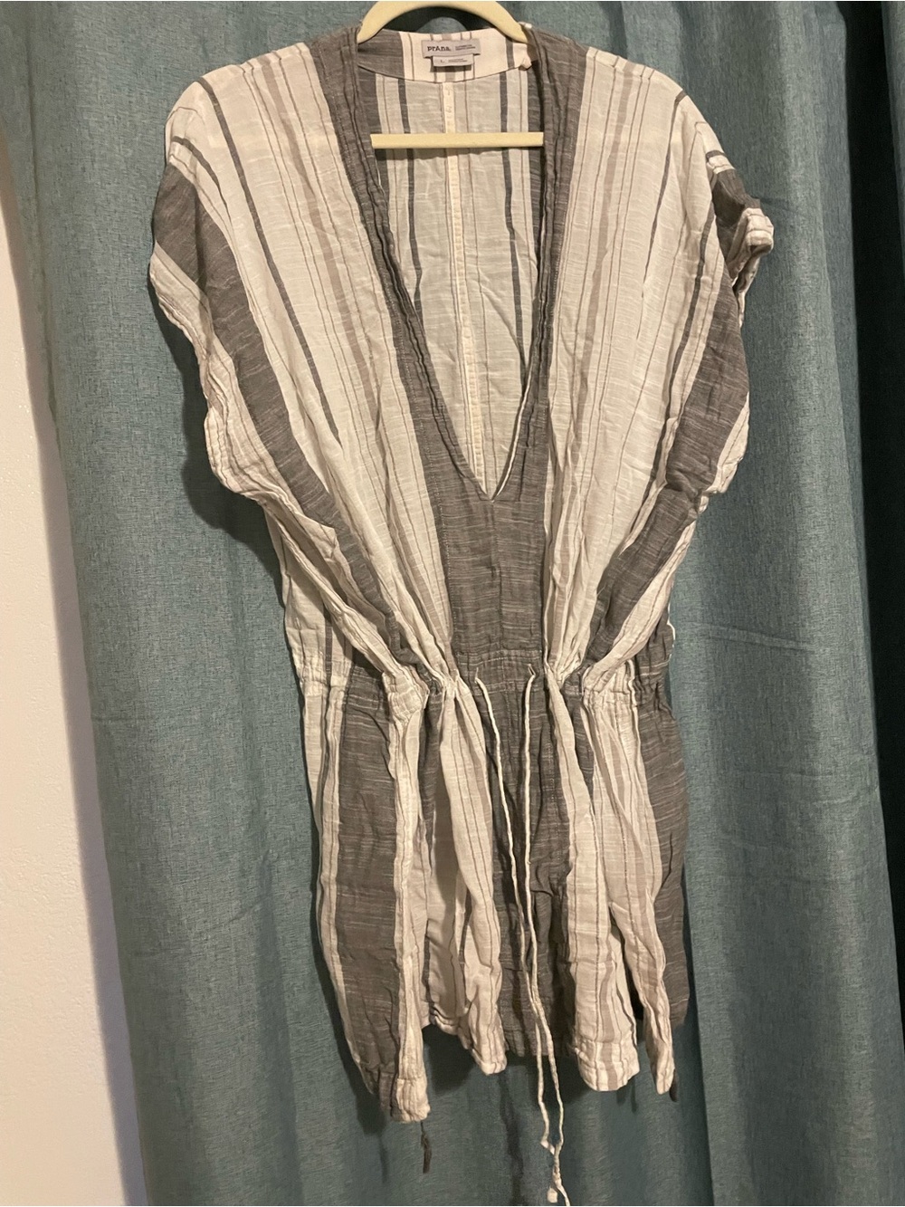 prAna women’s Striped Button-Up bathing suit in Gray and White